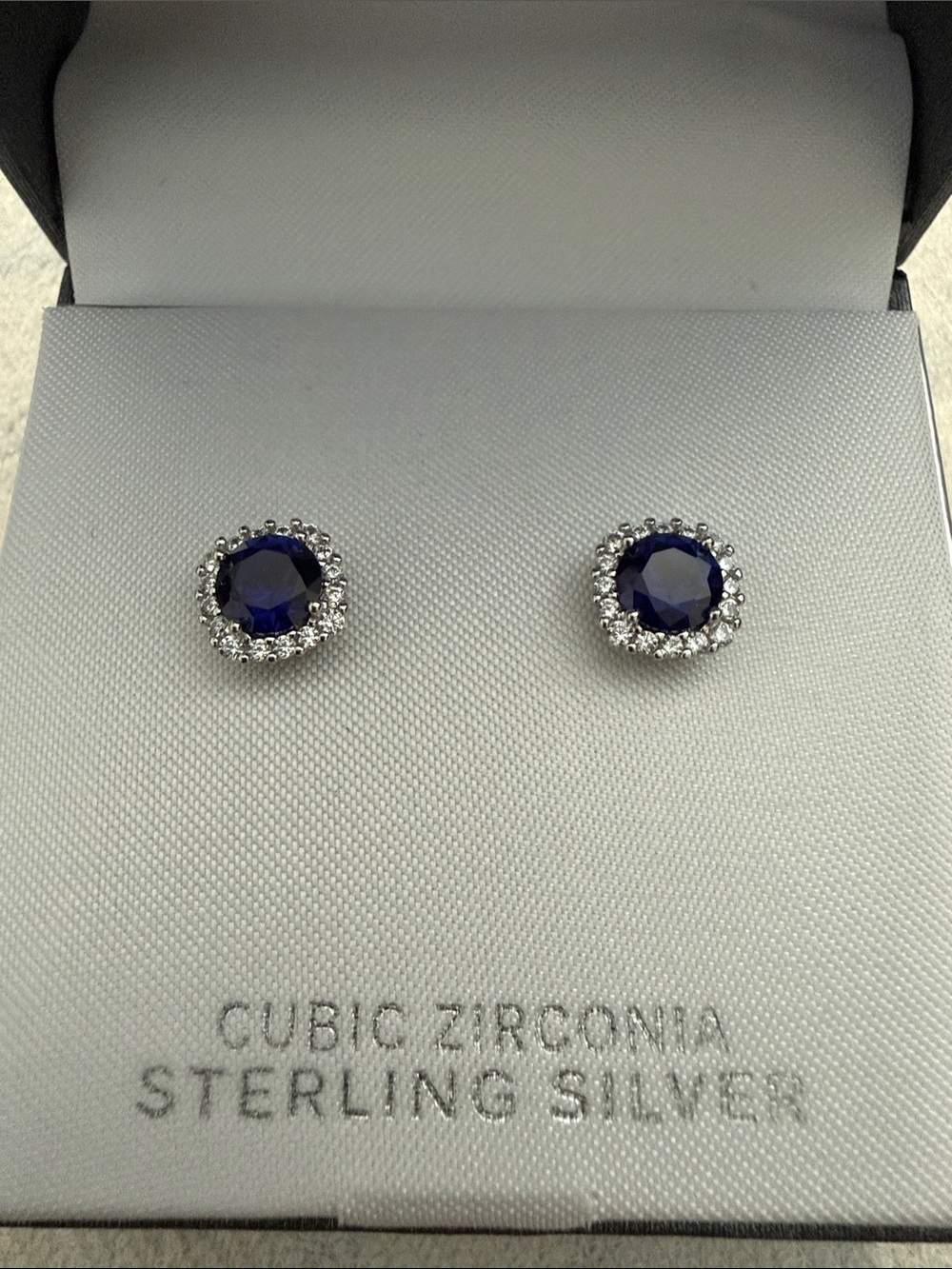 Elegant, blue sapphire Sterling Silver Cubic Zirconia Halo Stud Earrings